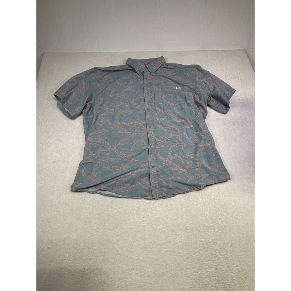 Huk Fishing Button Down Pocket Short Sleeve Shirt Men 2XL Blue Fish Theme Mens